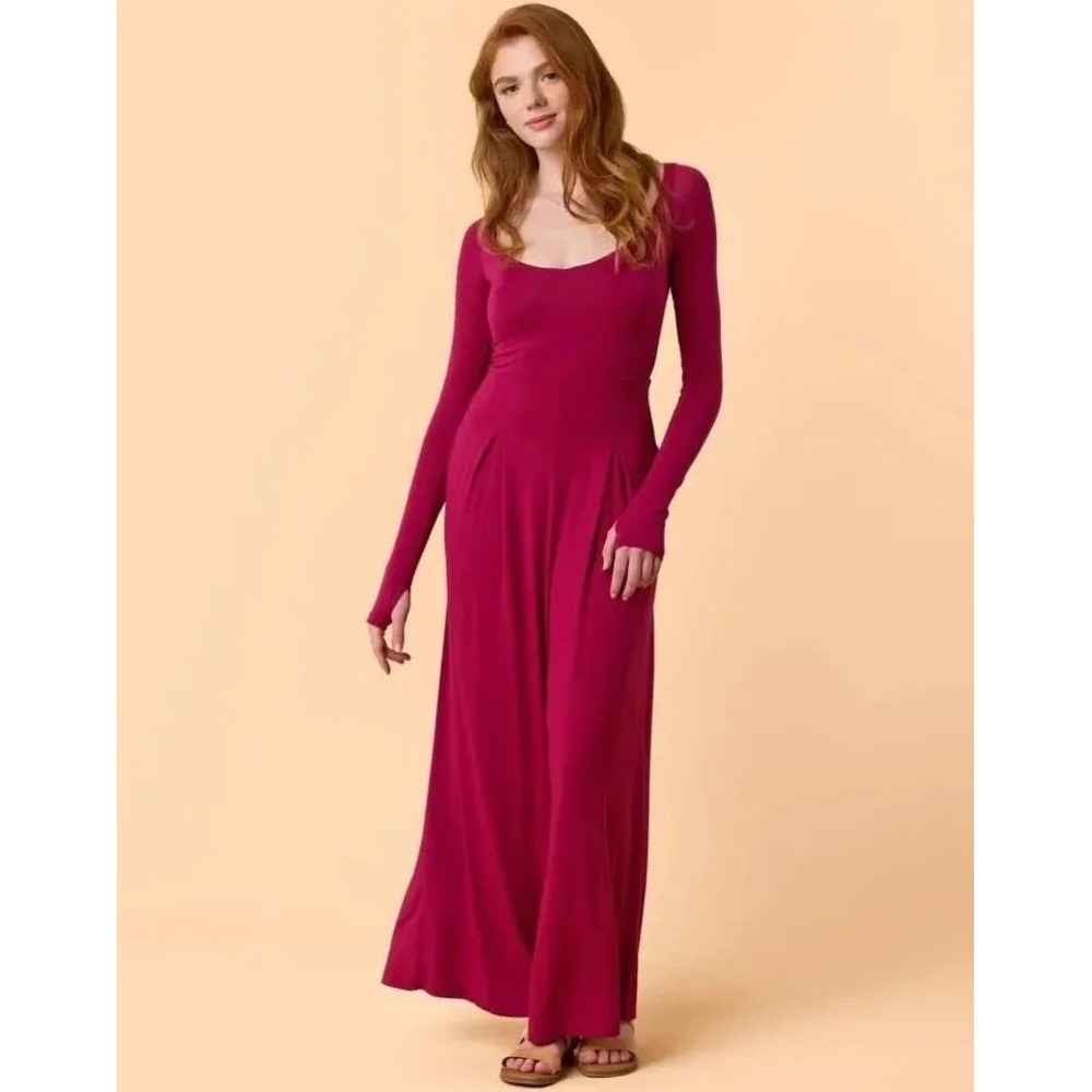 Blogilates Cascade V-Neck Jumpsuit Berry Pink Wide Leg Pockets Thumbholes NWT XL